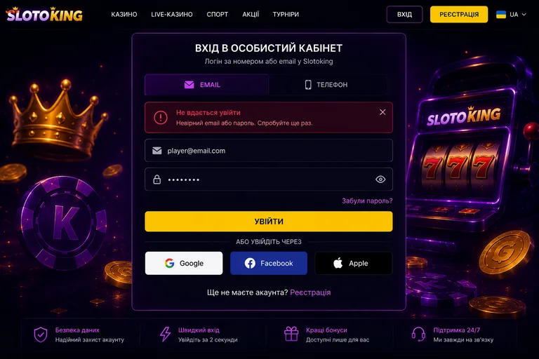 Сообщение об ошибке входа Slotoking: неверный email или пароль